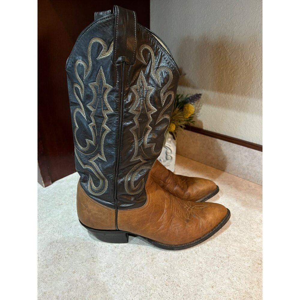 Larry Mahan Western Cowboy Boots 7.5D Mens 8.5 Womens Brown & Black Leather Embr